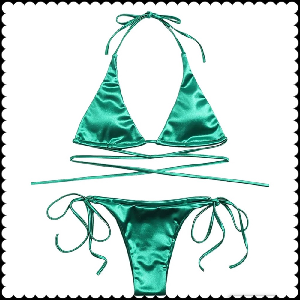🌊Metallic Green Brazilian halter 2pc -stringy🍏